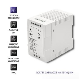 QOLTEC ZASILACZ NA SZYNĘ DIN 90W | 12V | 7.5A | BIAŁY | SLIM Qoltec