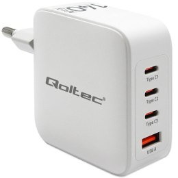 Qoltec Ładowarka sieciowa 140W GaN | 5-20V | 2.5-5A | 3 x USB-C PD | 1 x USB QC 3.0 | Biała Qoltec