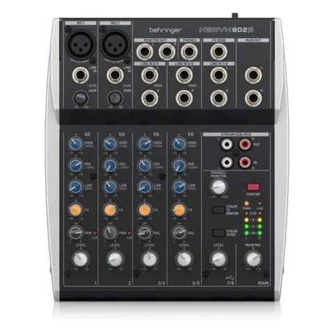 Behringer 802S - 8-kanałowy kompaktowy mikser analogowy z interfejsem USB zaprojektowany specjalnie do obsługi podcastów, stream Behringer