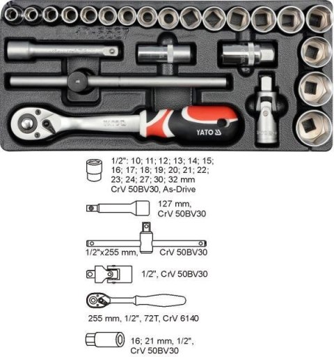 YATO WKŁADKA DO SZUFLADY ZESTAW KLUCZY 1/2" 24 elem. 5537 YATO