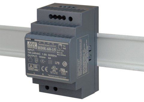 ZASILACZ IMPULSOWY NA SZYNĘ DIN MEAN WELL HDR-60-15 15V/60W/4A PULSAR