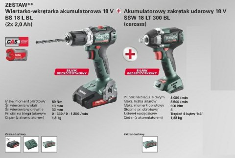 METABO.ZESTAW COMBO 18V (BS 18 L BL + SSW 18 LT 300 BL) 2x2,0Ah %%% Metabo