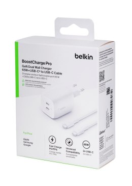 Ładowarka Belkin BoostCharge Pro Dual USB-C PD 3.0 PPS GaN Wall Charger 65W + USB-C to USB-C Cable 2m White Belkin