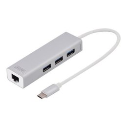 HUB 3-portowy USB Typ C 3.0 HighSpeed z LANGigabit LAN adapter, aluminium DIGITUS