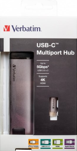 Verbatim 49141 stacja dokująca USB 3.2 Gen 1 (3.1 Gen 1) Type-C Czarny, Srebrny Verbatim