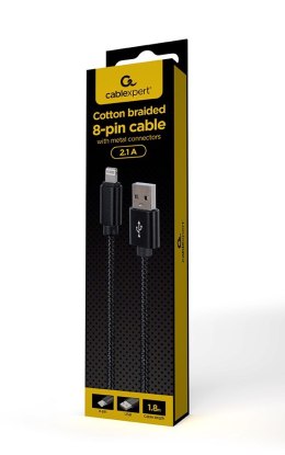 GEMBIRD KABEL USB - DO 8 PIN W OPLOCIE TEKSTYLNYM, WTYKI W OSŁONIE METALOWEJ 1.8M, ŁADOWANIE/TRANSMISJA DANYCH, CZARNY GEMBIRD