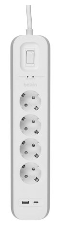 Listwa zasilająca Belkin Power Surge 4-PORT + 1xUSB-A +1xUSB-C 2.4A PD 525J 2m White Schuko Belkin