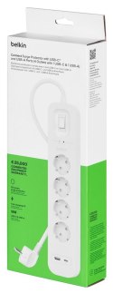 Listwa zasilająca Belkin Power Surge 4-PORT + 1xUSB-A +1xUSB-C 2.4A PD 525J 2m White Schuko Belkin