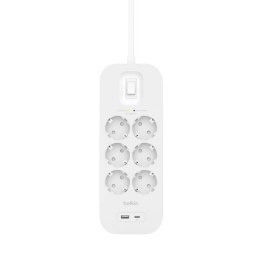 Listwa zasilająca Belkin Power Surge 6-PORT + 1xUSB-A +1xUSB-C 2.4A PD 650J 2m White Schuko Belkin