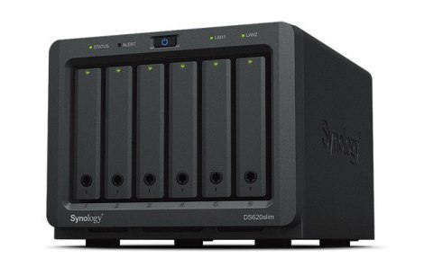 NAS Synology DS620slim; Tower; 6x (2.5" SATA HDD); Intel Celeron J3355; 2GB DDR3L (max. 6GB), 2x 1GbE RJ-45 Synology