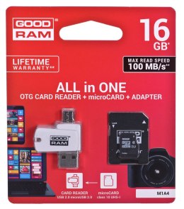 Karta pamięci z adapterem i czytnikiem kart GoodRam All in one M1A4-0160R12 (16GB; Class 10; Adapter, Czytnik kart MicroSDHC, Ka GoodRam