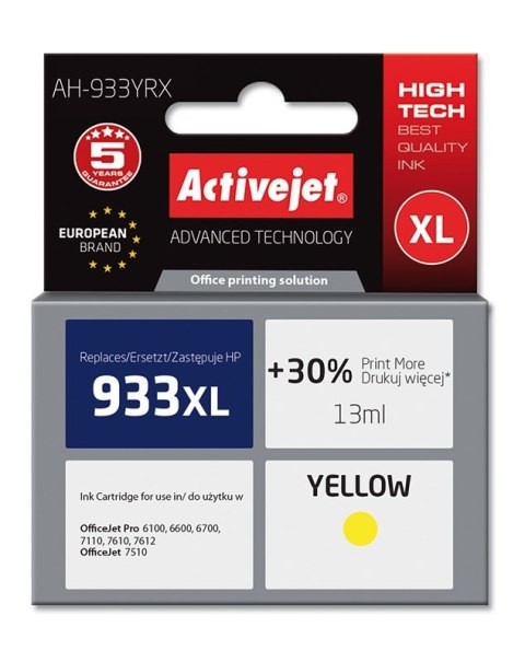 Activejet AH-933YRX Tusz (zamiennik HP 933XL CN056AE; Premium; 13 ml; żółty) Activejet