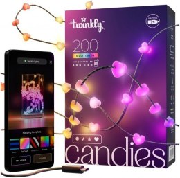 Twinkly Candies - 200 Lampki w kształcie serc RGB LEDs, zielony przewód, USB-C Twinkly