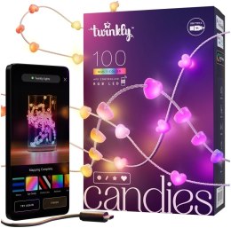 Twinkly Candies - 100 Lampki w kształcie serc RGB LEDs, przezroczysty przewód, USB-C Twinkly